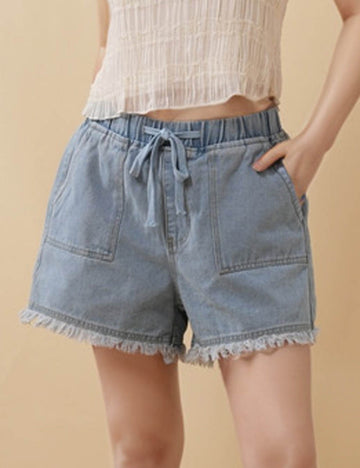 Ladies Drawstring Elastic Waist Frayed Edge Denim Shorts