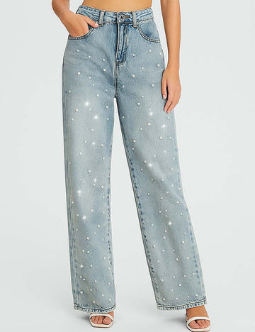 Ladies Pearl Beading Straight Leg Denim Pants