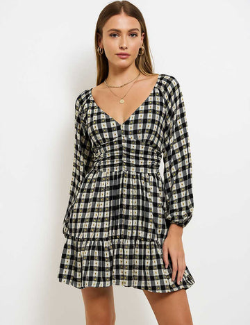 Women Chic V-Neck Black Checked Mini Dress