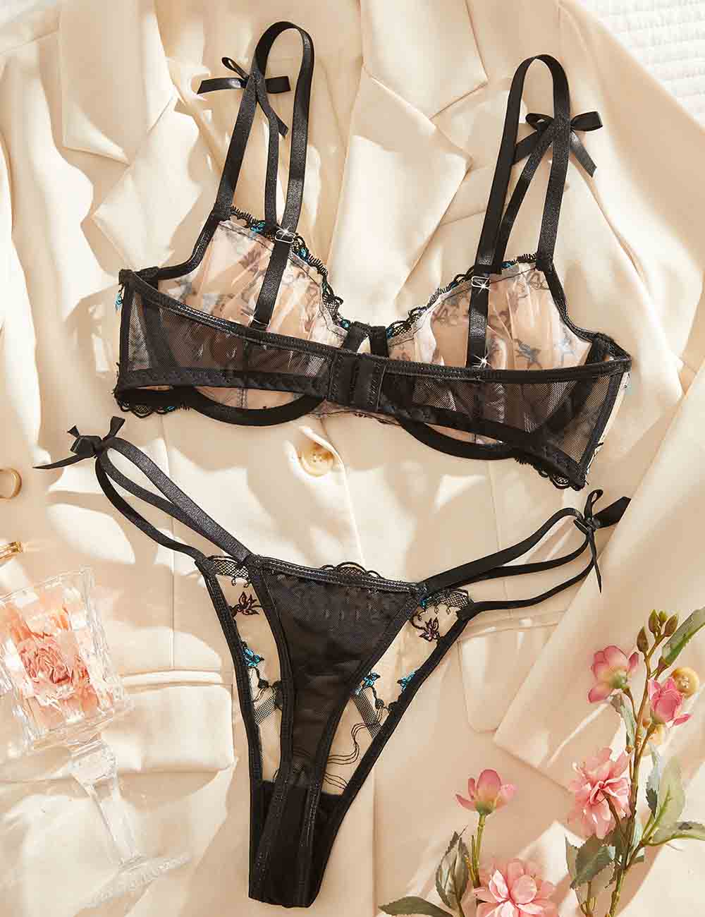 Ladies Sexy Sheer Embroidery Cross Strap Bow Lingerie Set