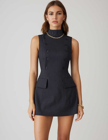 Ladies Stand Collar Double-Breasted Sleeveless Mini Dress