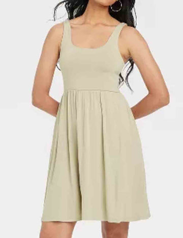 Ladies Solid Color Square Neck Knit Mini Tank Dress