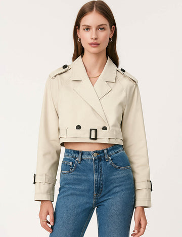Ladies Notched Lapel Belted Long Sleeves Cropped Trench Jacket