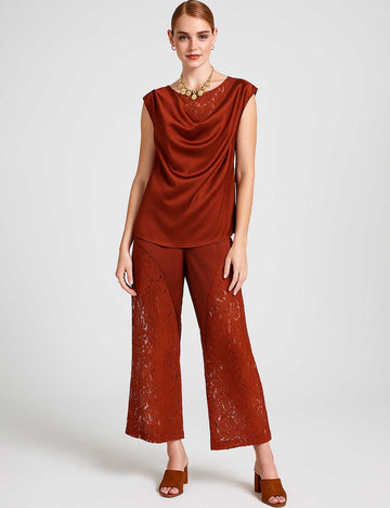 Ladies Lace Embroidery Wrinkle Sleeves Top & Pants Set