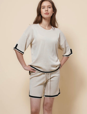 Ladies Color Block Top Shorts Knit 2PCS Set SKST41225