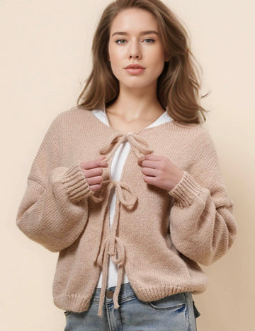 Ladies Front String Tie Solid Color Cardigan SKT41084