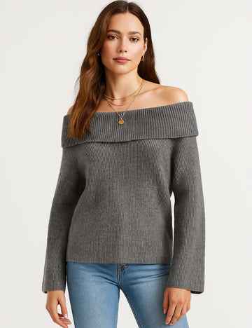 Ladies Solid Color Off-Shoulder Ruched Knit Layering Top