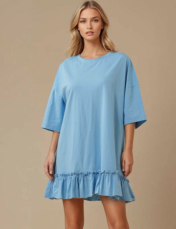 Ladies Solid Color Round Neck Short Sleeves Ruffle T-Shirt