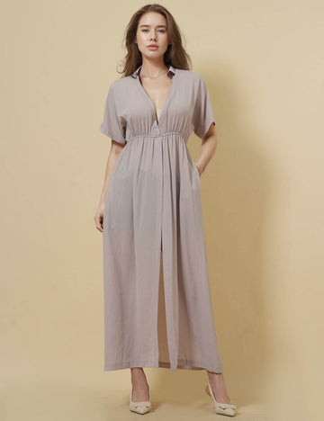 Ladies V-Neck Mid Sleeves Split Maxi Dress SKD51213