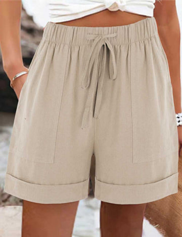 Ladies Elastic Waiste Drawstring Cotton Linen Shorts