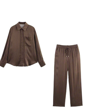 Ladies Color Block Striped Shirt & Pants 2PCS Set