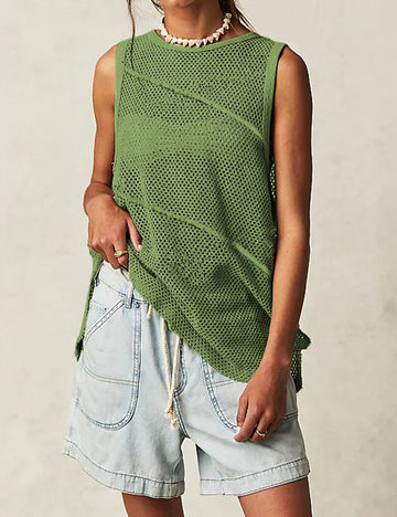 Ladies Solid Color See Through Knit Sleeveless Top SKT41169