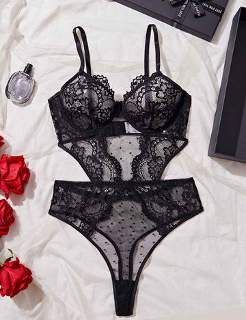 Ladies Sexy Eyelet Mesh Lace Cut-Out Lingerie Teddy
