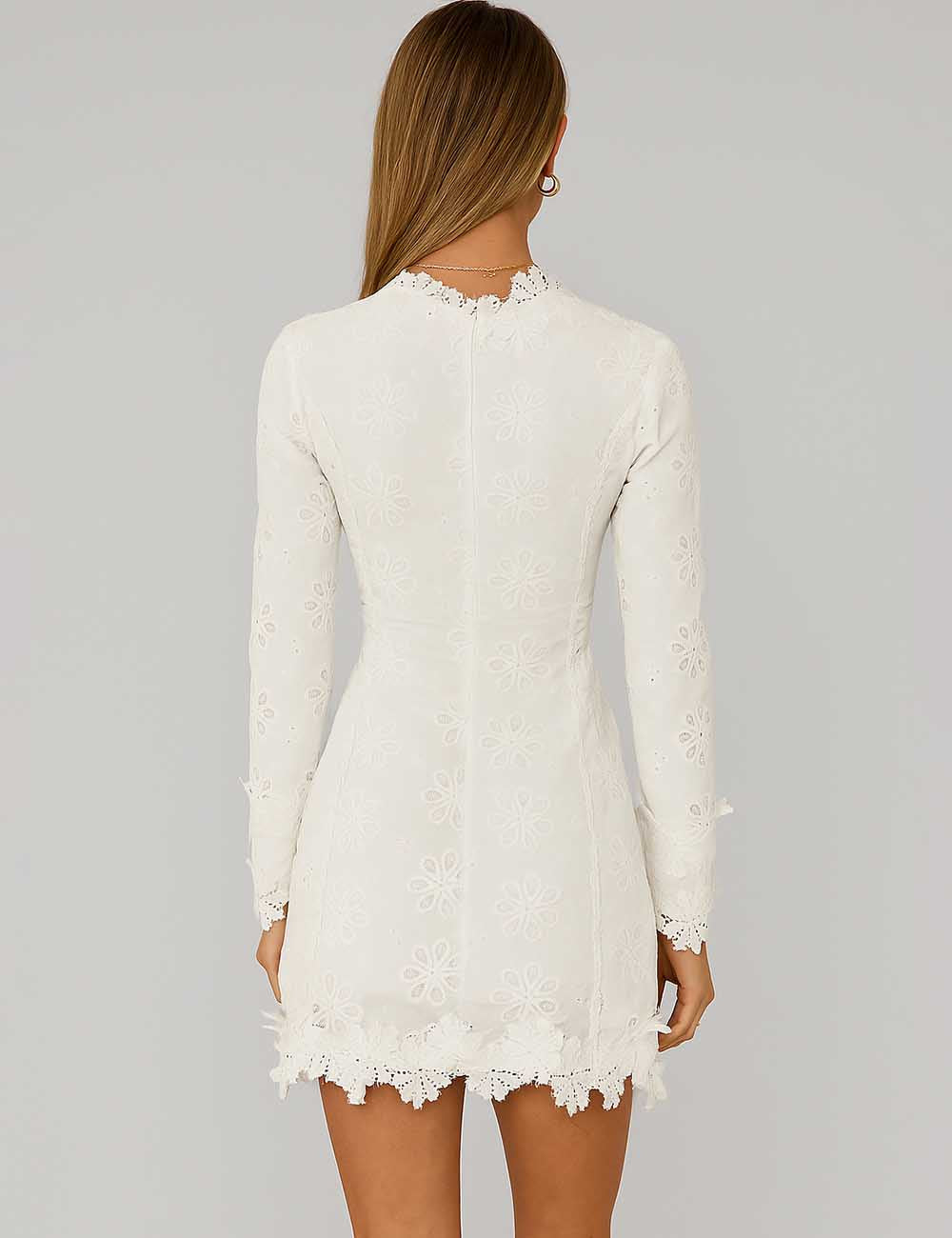 Ladies V-Neck Floral Embroidery Eyelet Long Sleeves Mini Dress