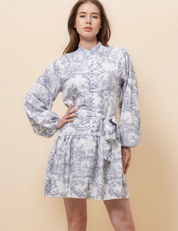 Ladies Puff Sleeves Plant Print Mini Dress SKD50187