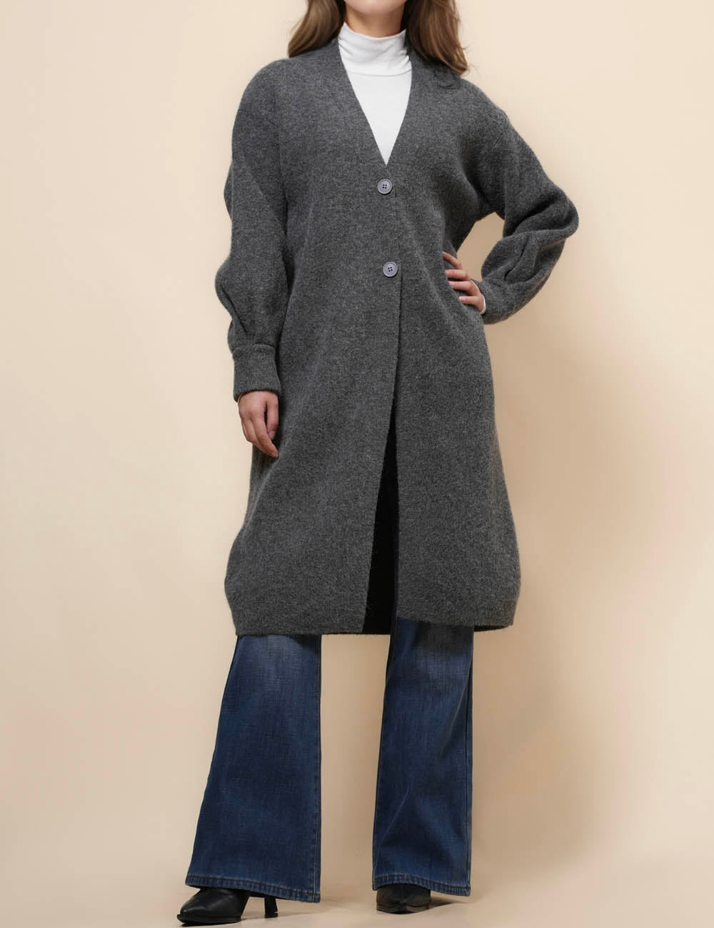Ladies Solid Color Botton V-Neck Cardigan SKT41089