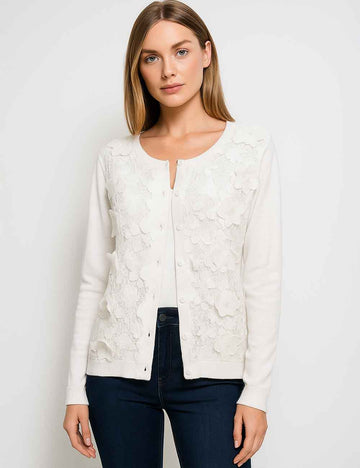 Ladies Round Neck Floral Embroidery Button Knit Cardigan