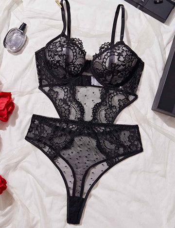 Ladies Sexy Eyelet Mesh Lace Thong Panty Lingerie Teddy