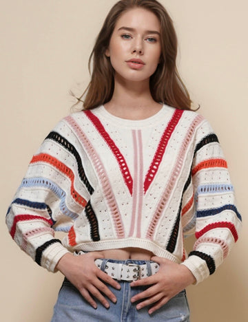 Ladies Round Neck Color Block Hollow Out Sweater SKT50155