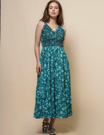 Ladies V-Neck Floral String Shoulder Maxi Dress SKD50415