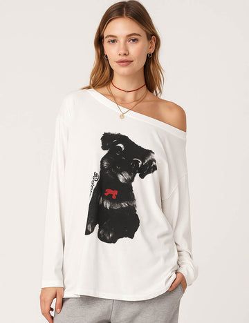 Ladies Schnauzer Print Tee Off-Shoulder Long Sleeves Sweatshirt