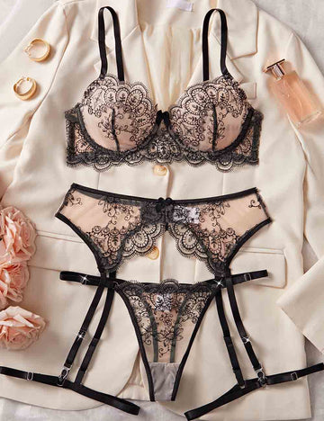 Ladies Sexy Mesh Embroidery Garter Thong Lingerie Set