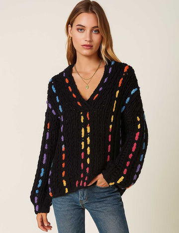 Ladies V-Neck Long Sleeves Multicolor Stitching Pullover Sweater