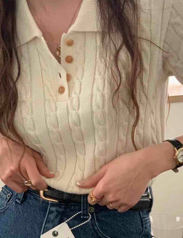 Ladies Turn-down Collar Short Sleeves Knit Sweater SKT50154