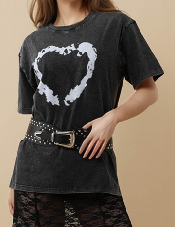Ladies Washed Heart Print Mid Sleeves T-Shirt 8SKT51222