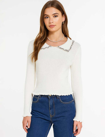 Ladies Rhinestone Peter Pan Collar Ruffled Edge Knit Top