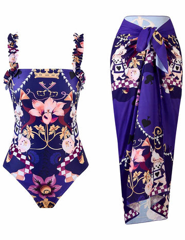 Ladies Floral Print One Piece Swimwear with Salong