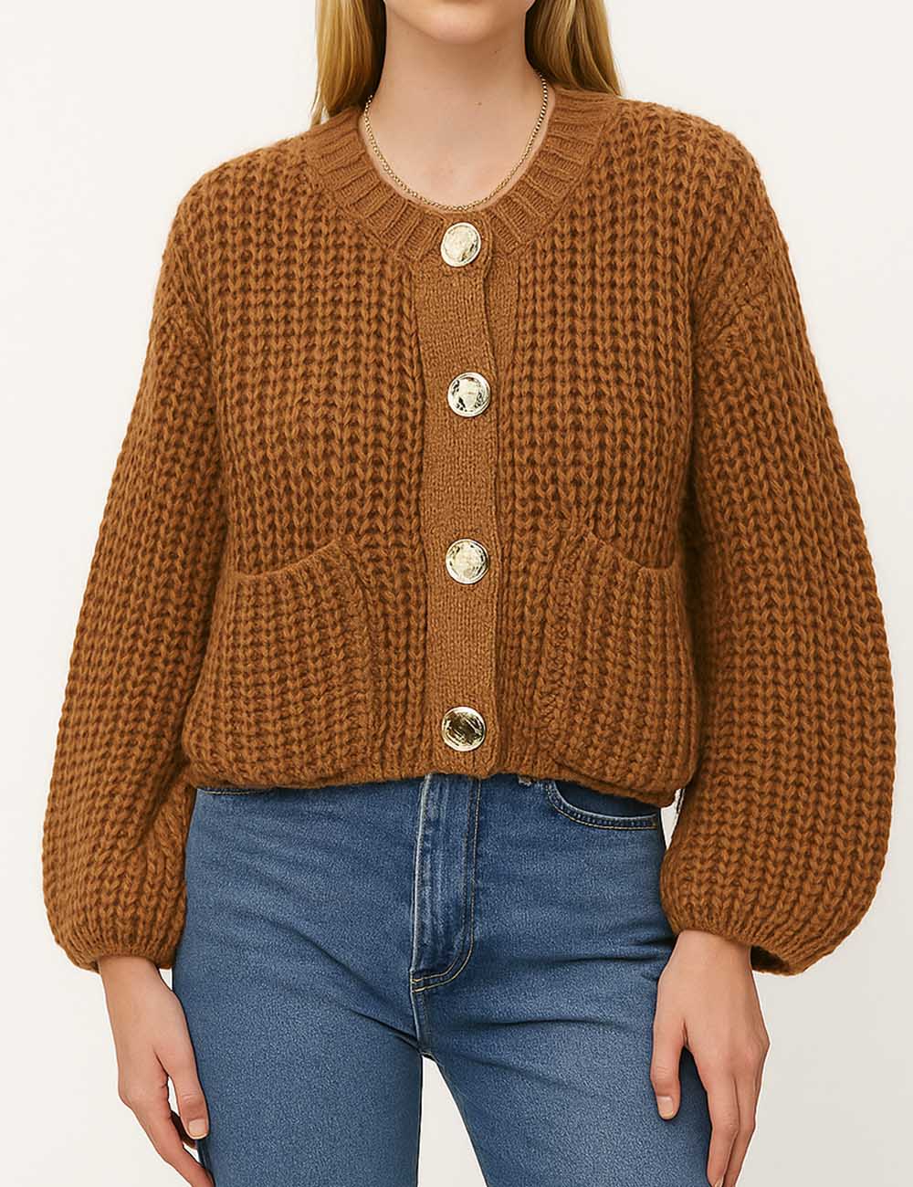 Ladies Solid Color Round Neck Long Sleeves Cable Knit Cardigan