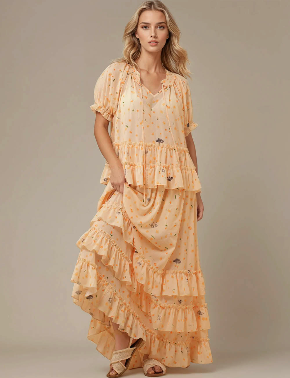 Ladies Floarl Chiffon Citrus Bloom Top Skirt 2PCS Set SKST5M5