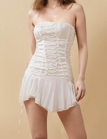 Ladies Solid Color String Tie Strapless Mini Dress