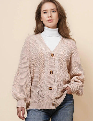 Ladies Solid Color Cable Knit Botton Cardigan SKT4833