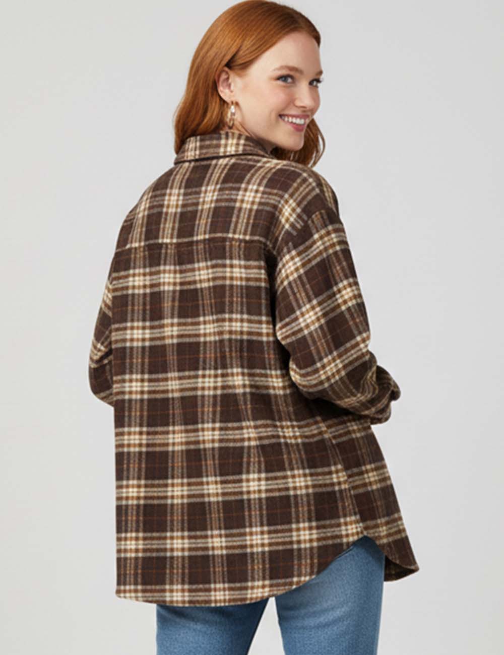 Ladies Button Down Long Sleeves Plaid Shirt Jacket
