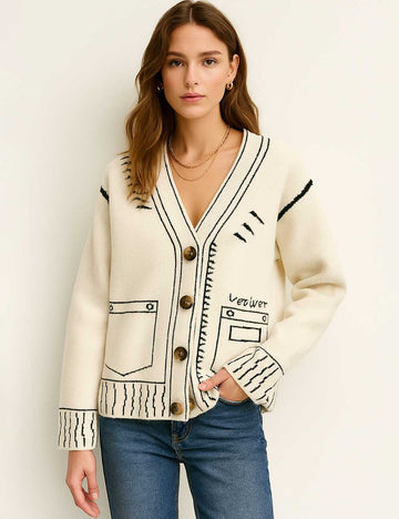 Ladies Color Block Doodle Long Sleeves Knitted Cardigan