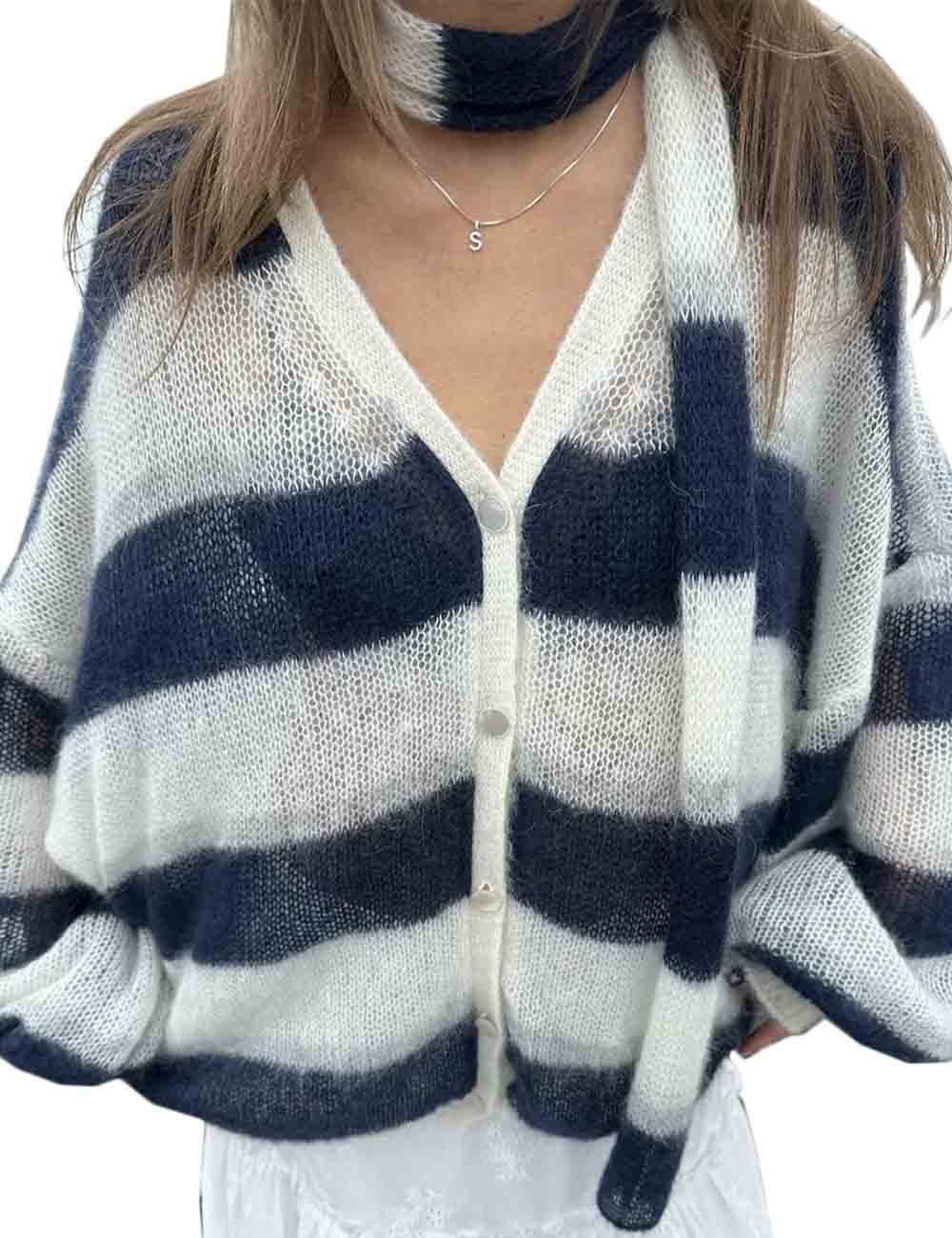 Ladies V-Neck Color Block Striped Lantern Sleeves Knit Cardigan