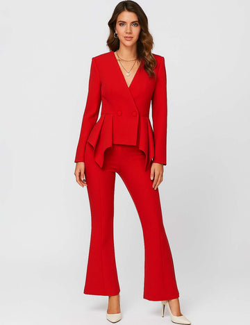 Ladies Solid Color Ruffle Double-Breasted 2PCS Suit