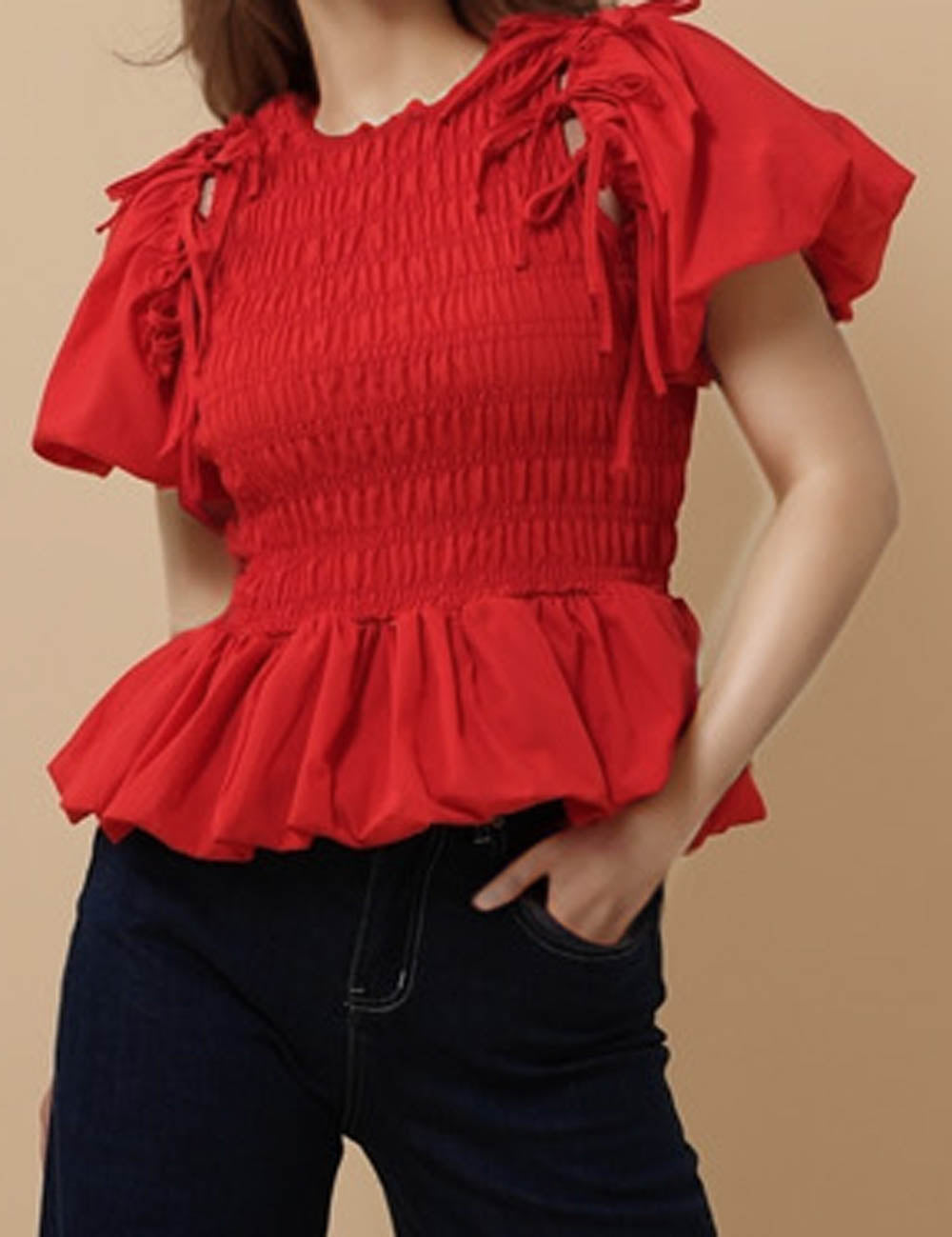 Ladies Solid Color Ruffle Short Puff Sleeves Blouse 8SKT51330