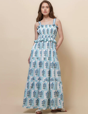 Ladies Strape Shoulder Smocking Top Midi Dress SKD50421