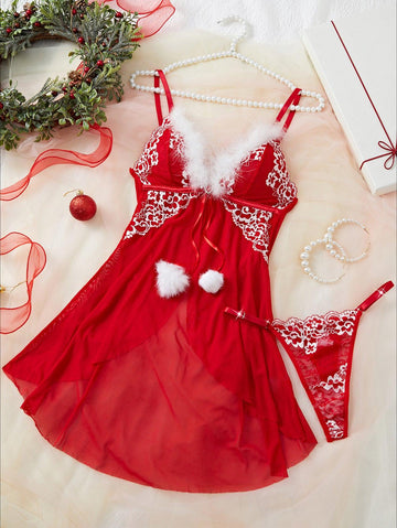 Ladies Merry Christmas Fluffy Floral Lace Chemise Set SKLG4008
