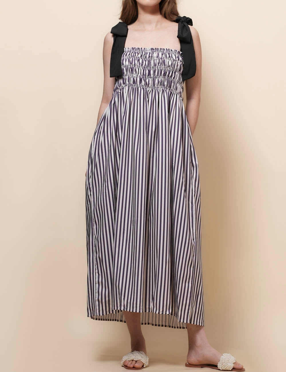 Ladies Two Shoulder Strip Print Midi Dress SKD50211