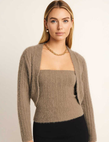 Ladies Fuzzy Knit Vest Cropped Cardigan Sweater 2PCS Set
