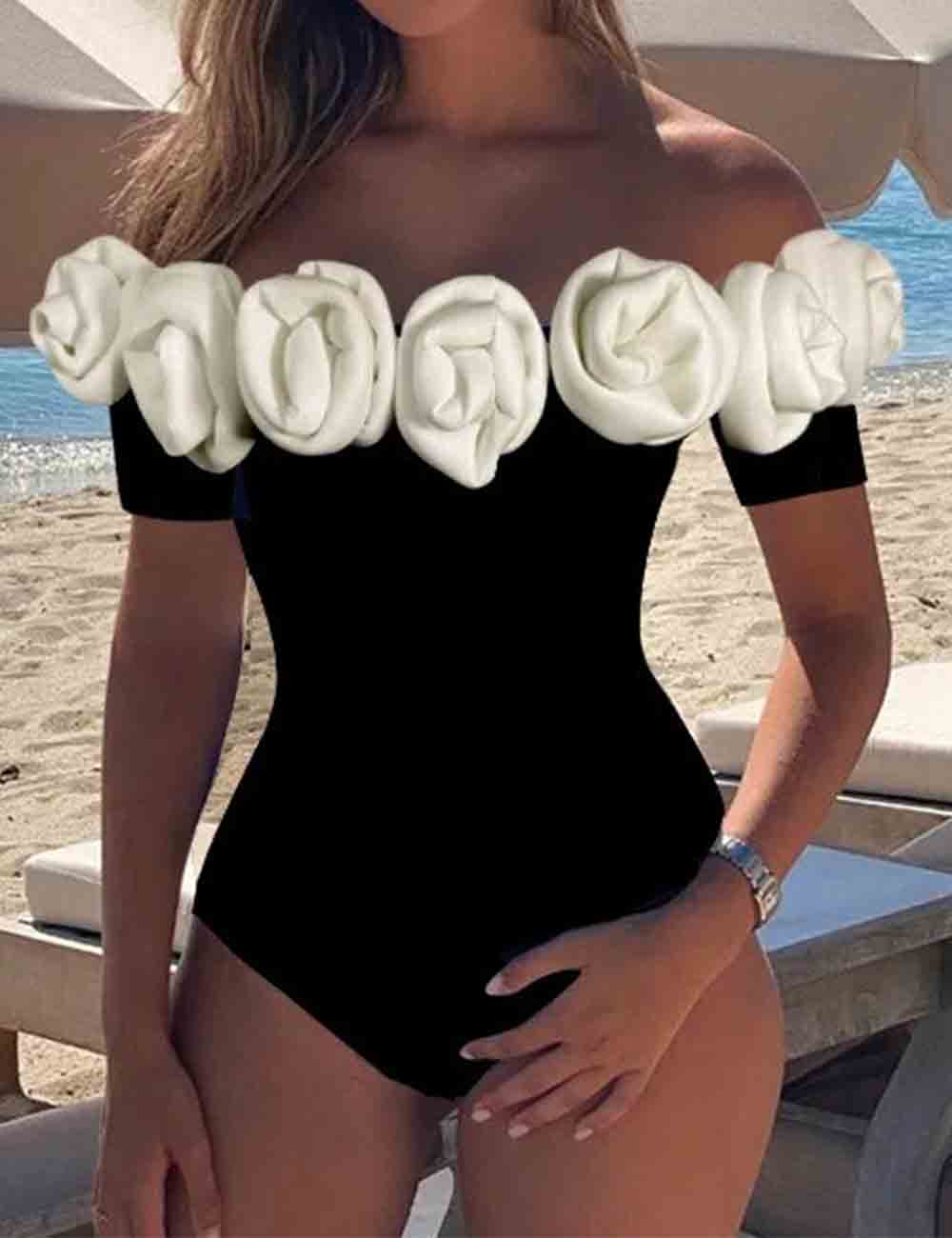 Ladies Off-Shoulder Stereoscopic Flower One Piece Swimwear with Salong