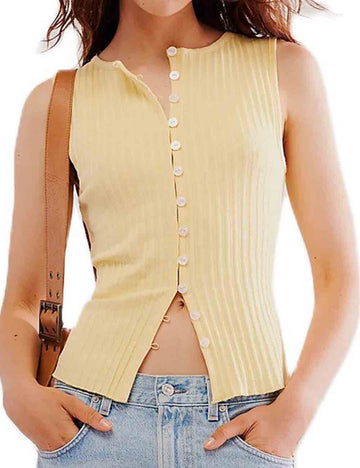 Ladies Solid Color Ribbed Sleeveless Knit Vest