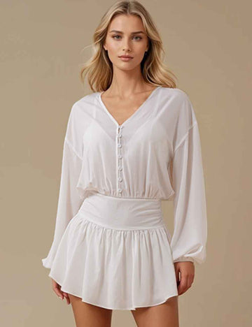 Ladies White V-Neck Button Smocking Long Sleeves Rompers