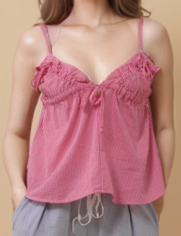 Ladies V-Neck Check Ruffle Bow Drawstring Cami Top 8SKT51337