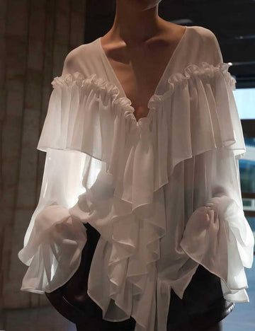 Ladies Solid Color Ruffle Flared Long Sleeves Blouse