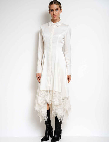 Ladies Floral Lace Sequins Long Sleeves Maxi Shirt Dress